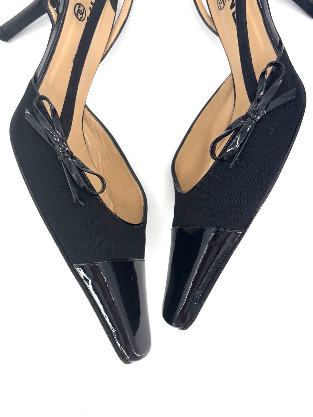 Chanel Vintage Bow CC Cap Toe Jersey Patent Pointed Toe Slingback Pumps 40 - Picture 6 of 10
